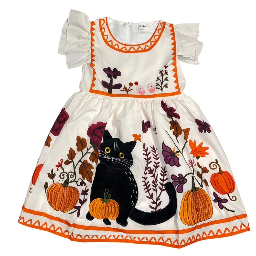Girls Boutique Orange‎ Black Cat Pumpkin Embroidered Halloween Dress 3T 4T Kids